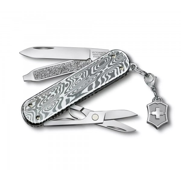 Складаний швейцарський ніж-брелок 58 мм Victorinox Classic SD Brilliant Damast 5 функцій, рукоятки дамаська сталь, подарункова упаковка (0.6221.34)