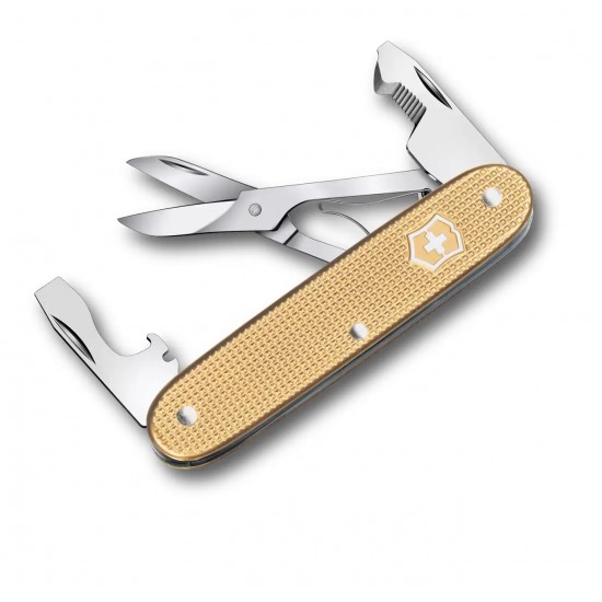 Кишеньковий складаний інструмент 93мм Victorinox COMPANION SLIM ALOX 6 функцій, рифлені золотисті накладки, відкривачка для коробок, ножиці (0.8170.28)