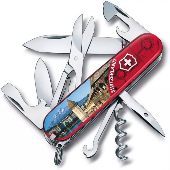 Складаний ніж 91 мм Victorinox CLIMBER Lucerne 14 функцій, червоні прозорі накладки(1.3703.TE1)