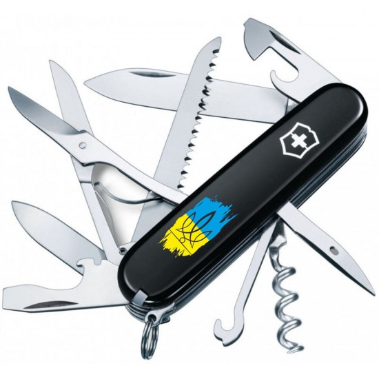 Складаний ніж Victorinox HUNTSMAN UKRAINE Тризуб фігурний на фоні прапора 1.3713.3_T1026u