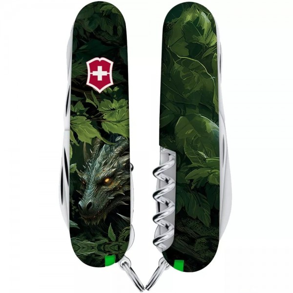 Складаний ніж Victorinox Huntsman Zodiac 91 мм Зелений дерев'яний дракон (1.3713.3_Z3240p)