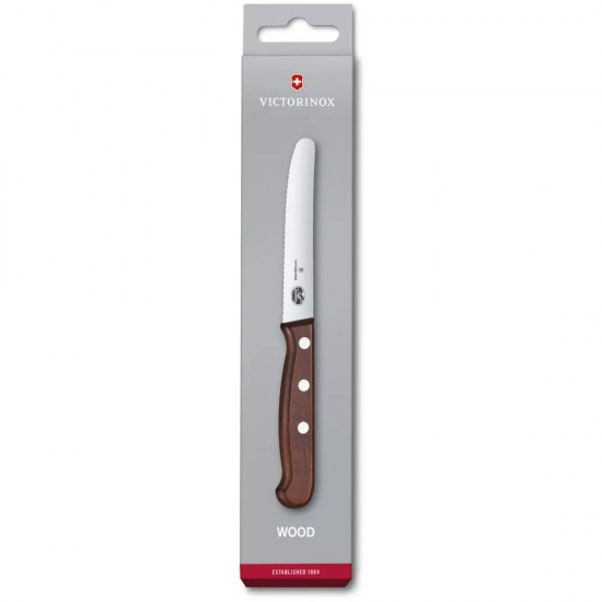 Кухонний ніж 11 см Victorinox Wood Tomato and Table з лезом серейтор із закругленим кінчиком та дерев'яною ручкою, подарункова коробка (5.0830.11G)