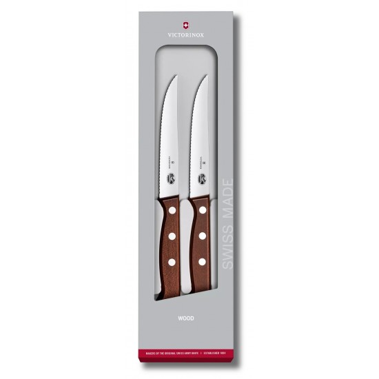 Набір з 2-х кухонних ножів для стейка 12 см Victorinox Wood Steak Set лезо серрейтор, дерев'яна ручка, подарункова коробка (5.1230.12G)