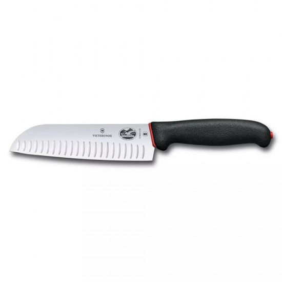 Кухоний шеф-ніж Сантоку 17 см Victorinox DUAL GRIP Ніж Santoku лезо гладке з канавками (рифлене) чорний з червоним (5.2523.17D)