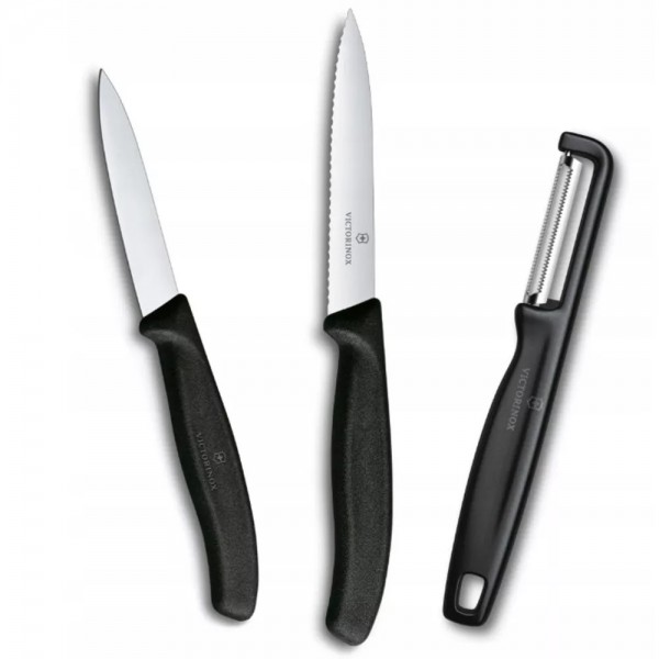 Набір для чищення овочів із трьох предметів Victorinox Swiss Classic Paring Set 2 ножа та овочечистка Iota, чорний (6.7113.33)