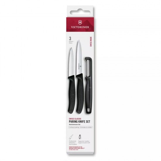 Набір для чищення овочів із трьох предметів Victorinox Swiss Classic Paring Set 2 ножа та овочечистка Iota, чорний (6.7113.33) Набір для чищення овочів із трьох предметів Victorinox Swiss Classic Paring Set 2 ножа та овочечистка Iota, чорний (6.7113.33)