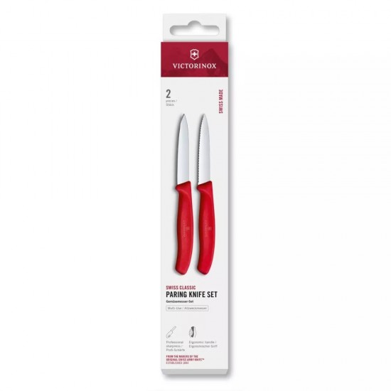 Набір з 2 ножів для чищення овочів 8 см Victorinox Swiss Classic леза - гладке, серрейтор, червоний (6.7691.2C1)