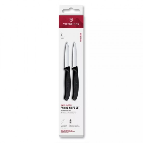 Набір з 2 ножів для чищення овочів 8 см Victorinox Swiss Classic леза - гладке, серрейтор, чорний (6.7693.2)