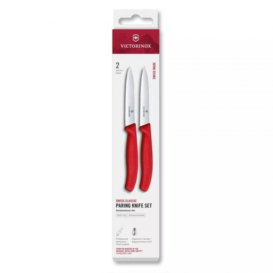 Набір з 2 ножів для чищення овочів 10 см Victorinox Swiss Classic леза - гладке, серрейтор, червоний (6.7791.2C1)