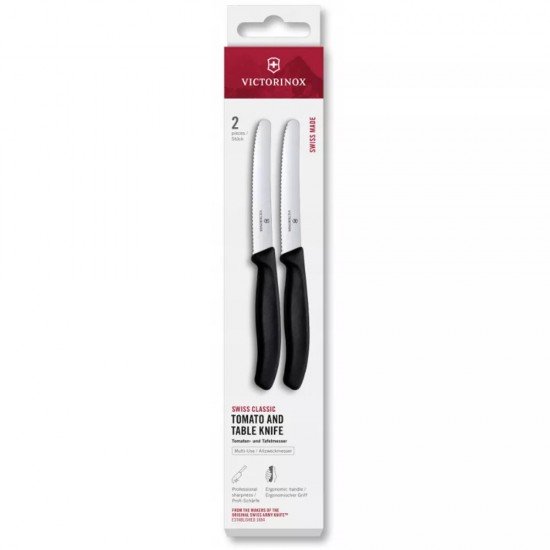 Набір з 2 ножей для томатів 11 см Victorinox Swiss Classic закруглений кінчик, серрейторне лезо,чорний, коробка (6.7833.2)