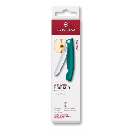 Ніж для пікніка складаний 11см Victorinox Swiss Classic Picnic округлий кінчик, лезо серрейтор, зелений, картонна коробка (6.7834.FC1)