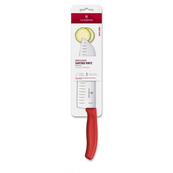 Кухонний ніж Сантоку 17 см Victorinox SwissClassic Santoku лезо гладке з канавками (рифлене), червоний, блістер (6.8521.17C1B)
