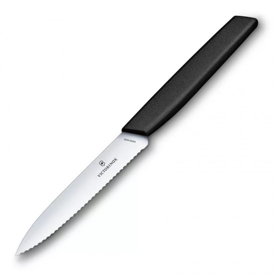 Кухонний ніж 10 см для різання, чищення, універсальний Victorinox Swiss Modern Paring Knife хвилясте лезо, чорний (6.9003.10W)