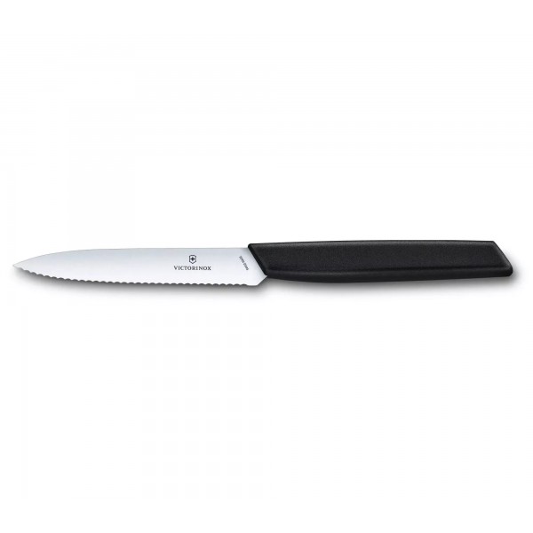 Кухонний ніж 10 см для різання, чищення, універсальний Victorinox Swiss Modern Paring Knife хвилясте лезо, чорний (6.9003.10W)