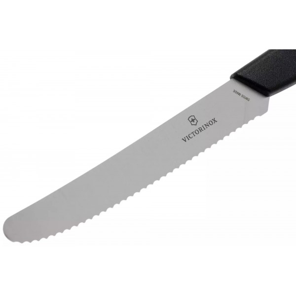 Ніж кухонний столовий 11 см із закругленим кінчиком Victorinox Swiss Modern Tomato and Table Knife, хвилясте лезо, чорний (6.9003.11W)