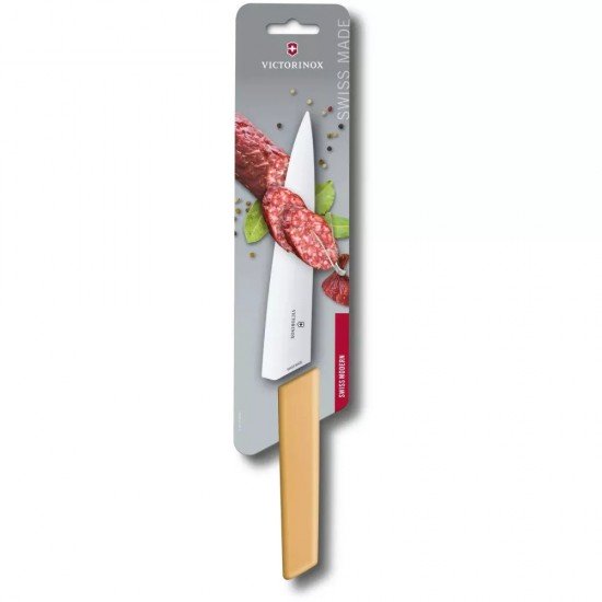 Кухонний обробний ніж 19 см Victorinox Swiss Modern Carving широке, гладке лезо, медовий, упаковка - блістер (6.9016.198B)