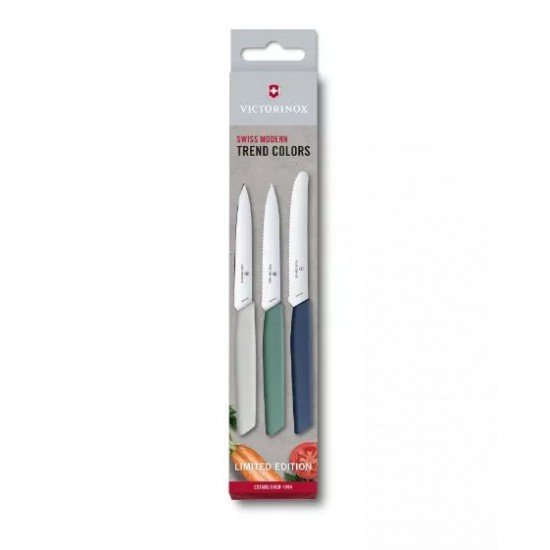Набір з трьох кухонних ножів для чищення Victorinox Swiss Modern Paring Set: 3 ножі з кольоровими ручками Urban та лезами 10, 10 та 11 см (Lim.Ed. 2022) (6.9096.3L1)
