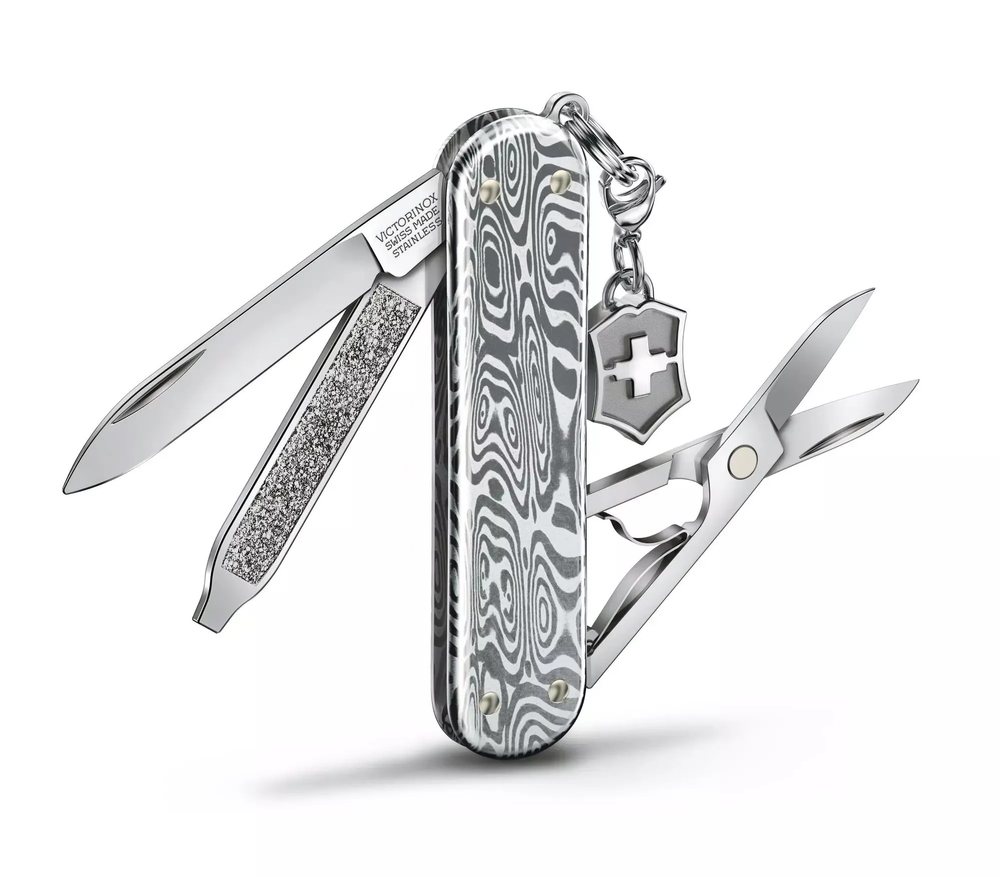 Складаний швейцарський ніж-брелок 58 мм Victorinox Classic SD Brilliant Damast 5 функцій, рукоятки дамаська сталь, подарункова упаковка (0.6221.34)
