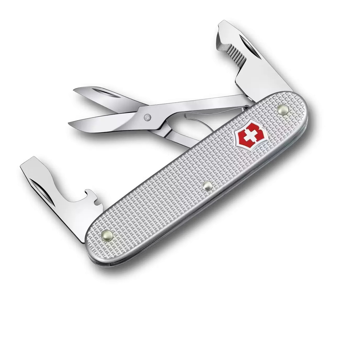 Кишеньковий складаний інструмент 93мм Victorinox COMPANION SLIM ALOX 6 функцій, рифлені сріблясті накладки, відкривачка для коробок, ножиці (0.8170.26)