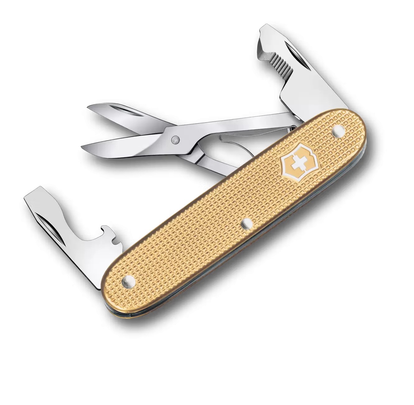 Кишеньковий складаний інструмент 93мм Victorinox COMPANION SLIM ALOX 6 функцій, рифлені золотисті накладки, відкривачка для коробок, ножиці (0.8170.28)