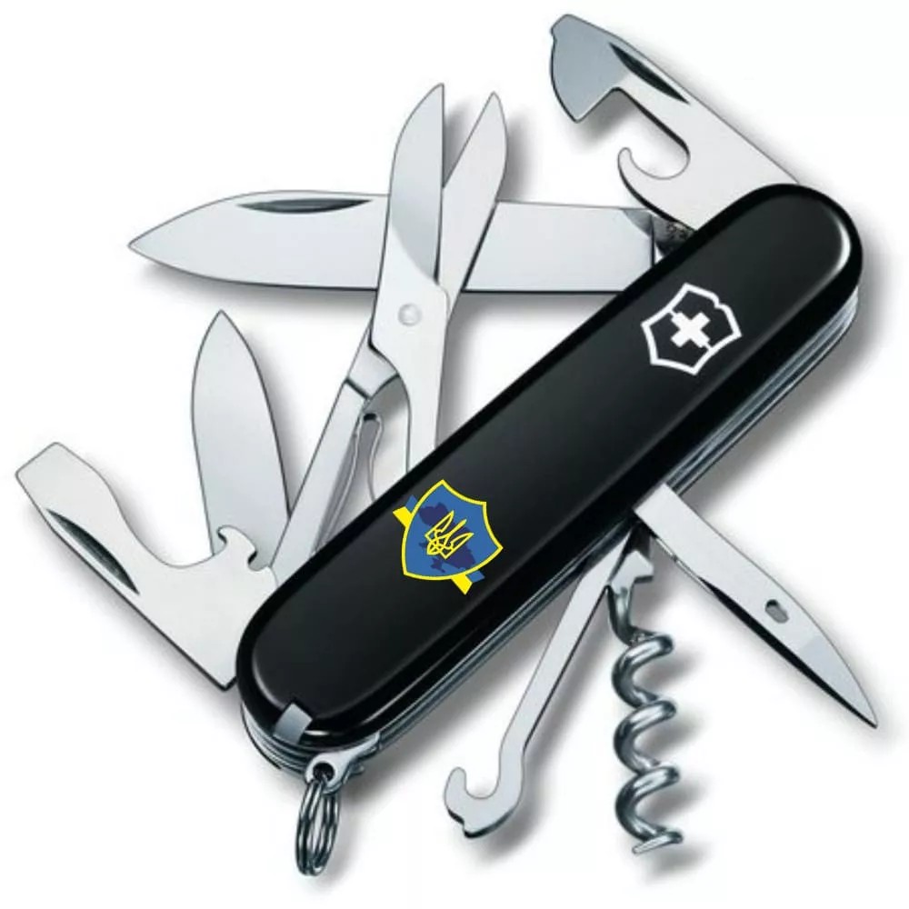 Складаний ніж Victorinox Climber Ukraine Тризуб на щиті зі стрічкою (1.3703.3_T1070u)