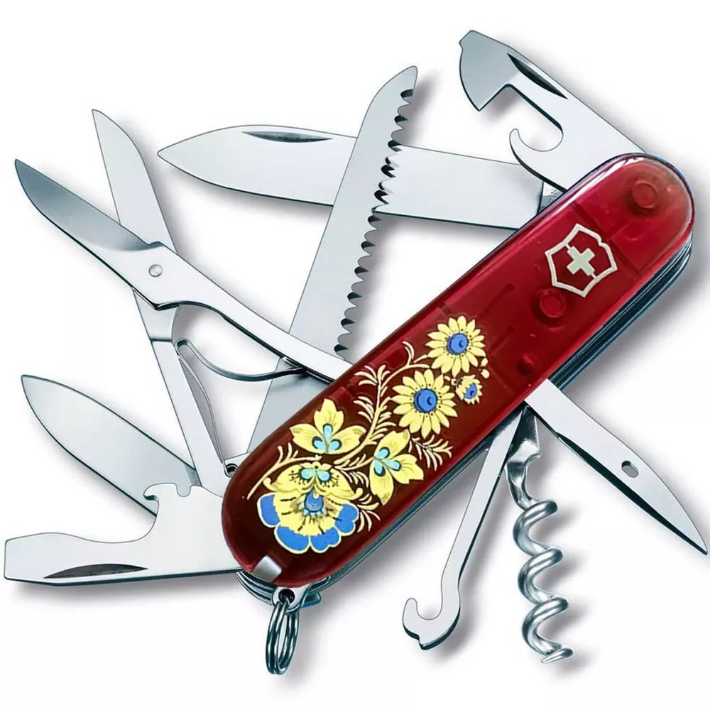 Складаний ніж 91 мм Victorinox Huntsman Ukraine 15 функцій, 4 шари, червоний напівпрозорий, Квіти (1.3713.T_T1050u)