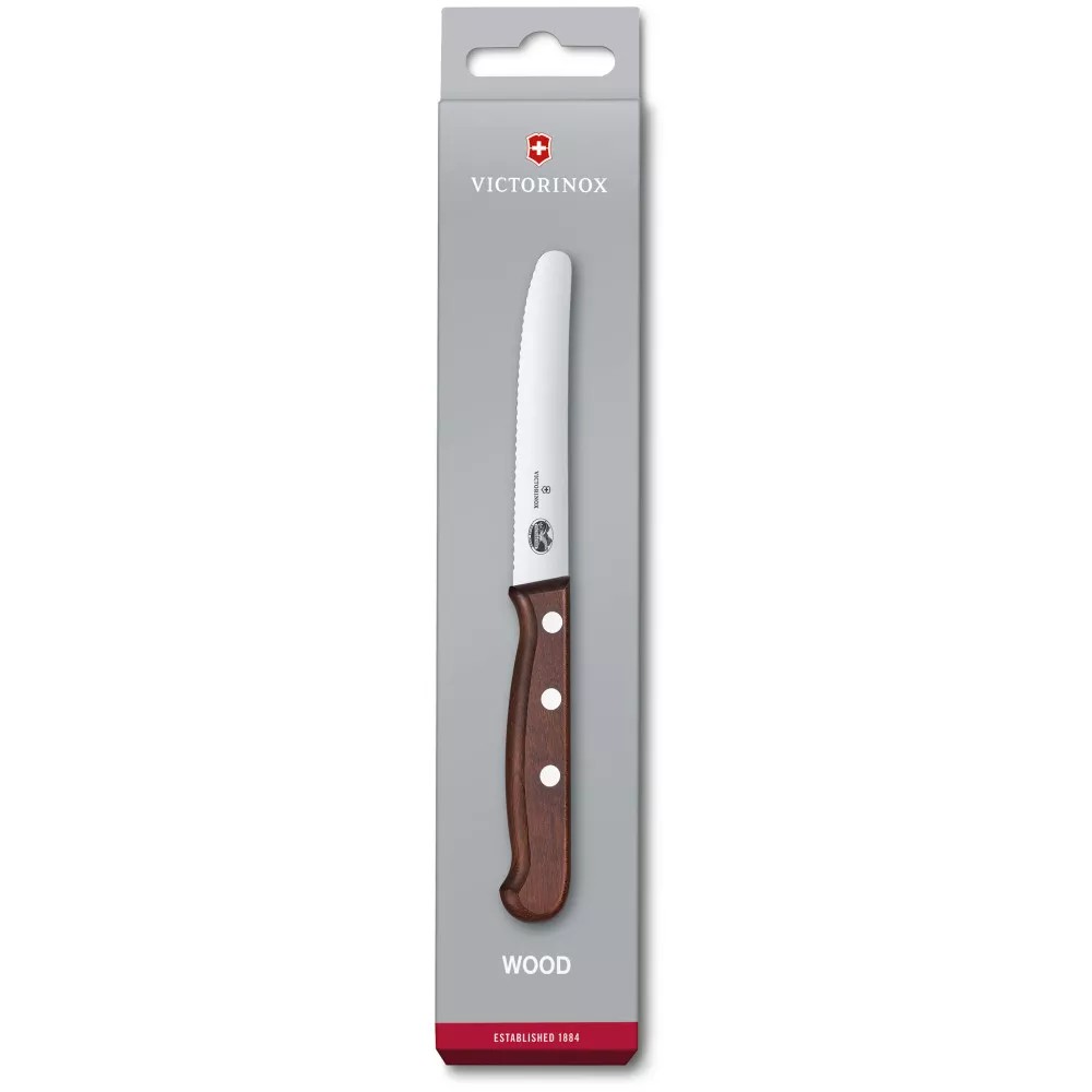 Кухонний ніж 11 см Victorinox Wood Tomato and Table з лезом серейтор із закругленим кінчиком та дерев'яною ручкою, подарункова коробка (5.0830.11G)