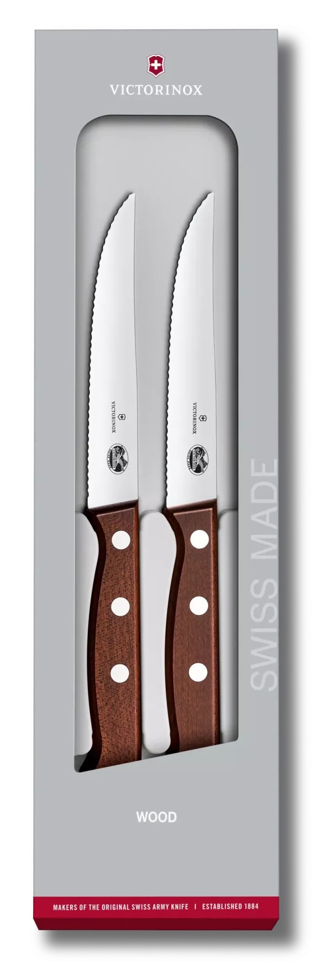 Набір з 2-х кухонних ножів для стейка 12 см Victorinox Wood Steak Set лезо серрейтор, дерев'яна ручка, подарункова коробка (5.1230.12G)