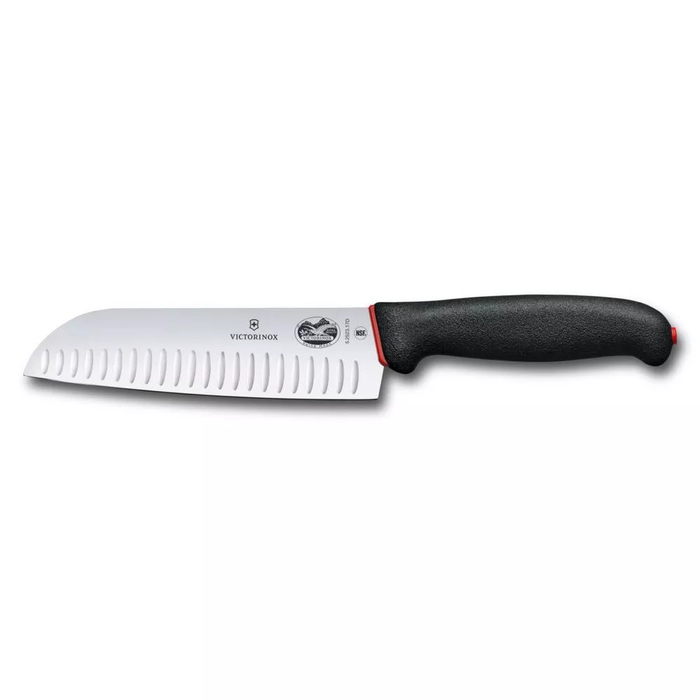 Кухоний шеф-ніж Сантоку 17 см Victorinox DUAL GRIP Ніж Santoku лезо гладке з канавками (рифлене) чорний з червоним (5.2523.17D)