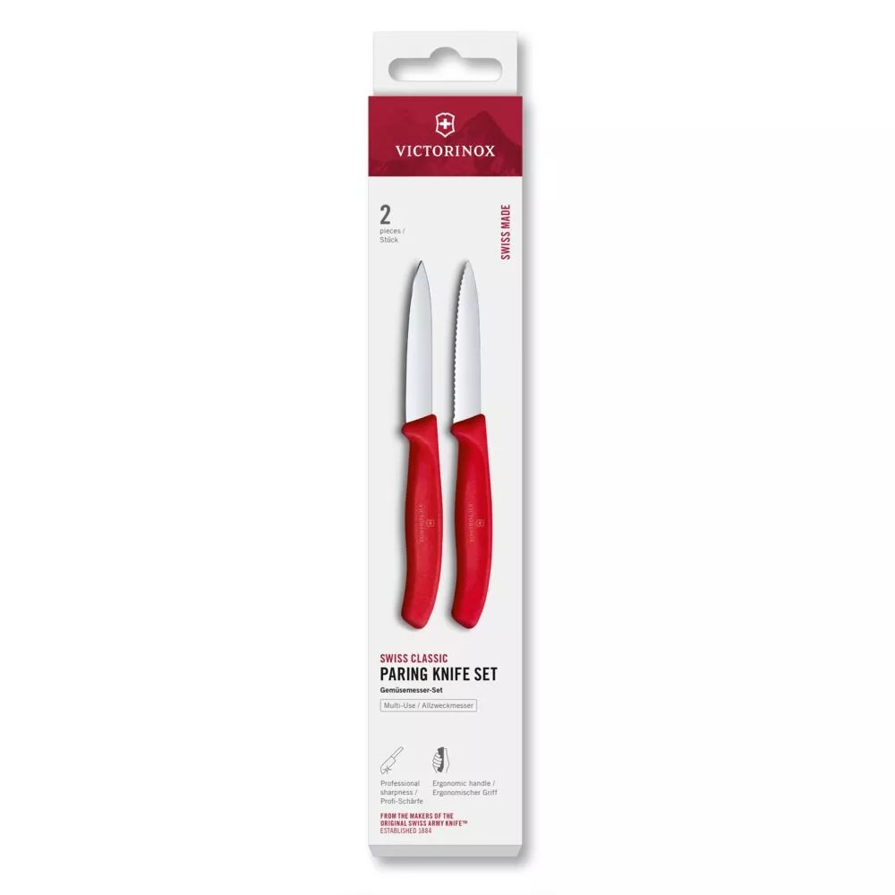 Набір з 2 ножів для чищення овочів 8 см Victorinox Swiss Classic леза - гладке, серрейтор, червоний (6.7691.2C1)