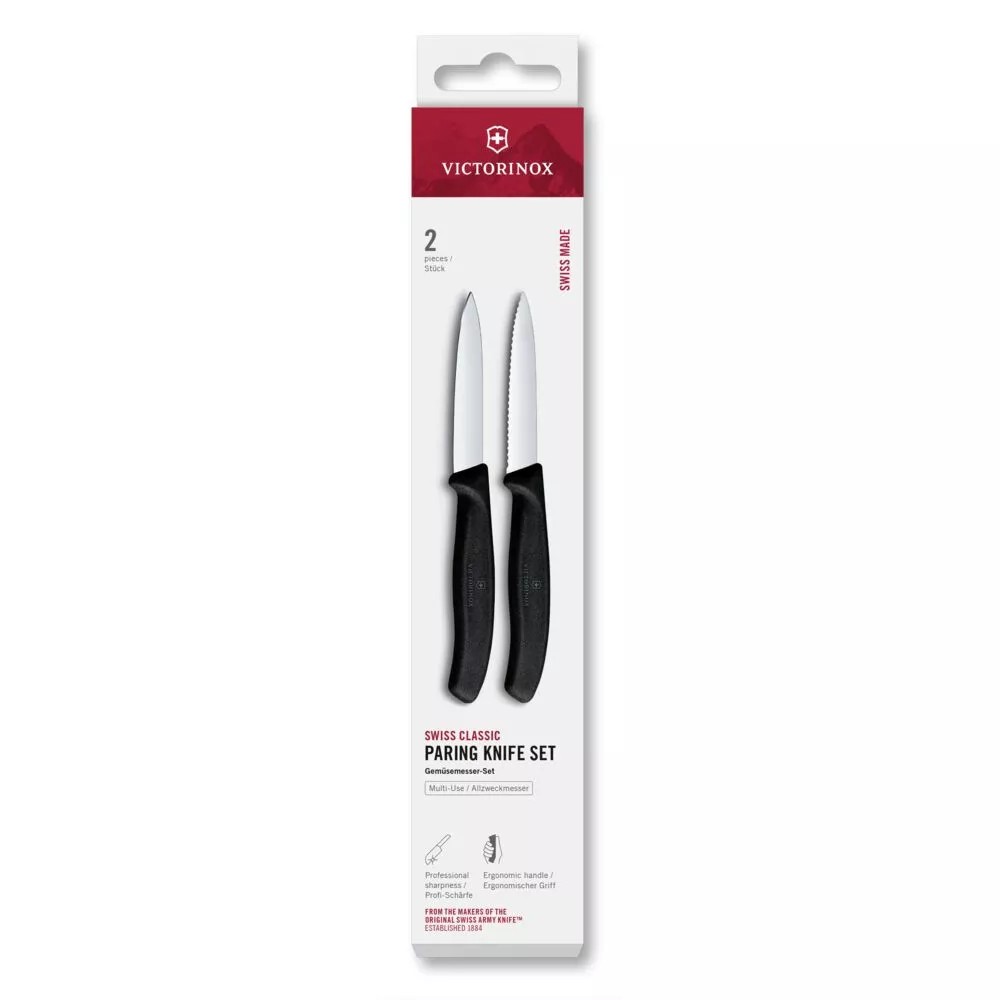 Набір з 2 ножів для чищення овочів 8 см Victorinox Swiss Classic леза - гладке, серрейтор, чорний (6.7693.2)