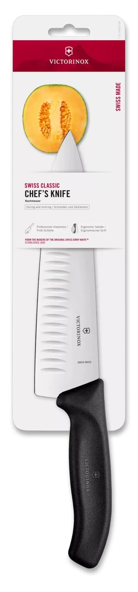 Кухонний шеф-ніж 20 см Victorinox Swiss Classic Chef's лезо пряме с повітряними кишенями, чорний, блистер (6.8083.20B)