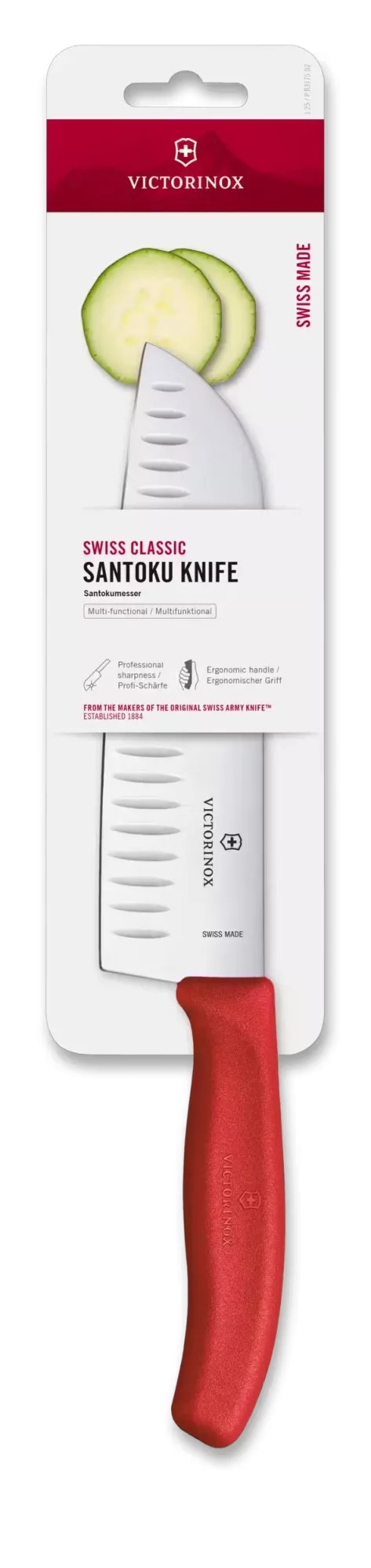 Кухонний ніж Сантоку 17 см Victorinox SwissClassic Santoku лезо гладке з канавками (рифлене), червоний, блістер (6.8521.17C1B)