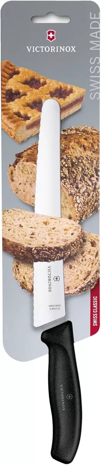 Ніж кухоний кондитерський хлібний 22 см Victorinox Swiss Classic Bread&Pastry лезо закруглений кінчик, серрейторне, чорний (6.8633.22B)