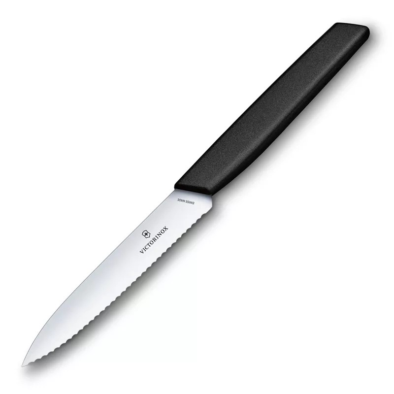 Кухонний ніж 10 см для різання, чищення, універсальний Victorinox Swiss Modern Paring Knife хвилясте лезо, чорний (6.9003.10W)