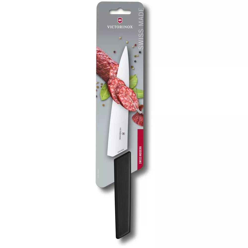 Кухонний обробний ніж 19 см Victorinox Swiss Modern Carving лезо гладке, чорний, блістер (6.9013.19B))